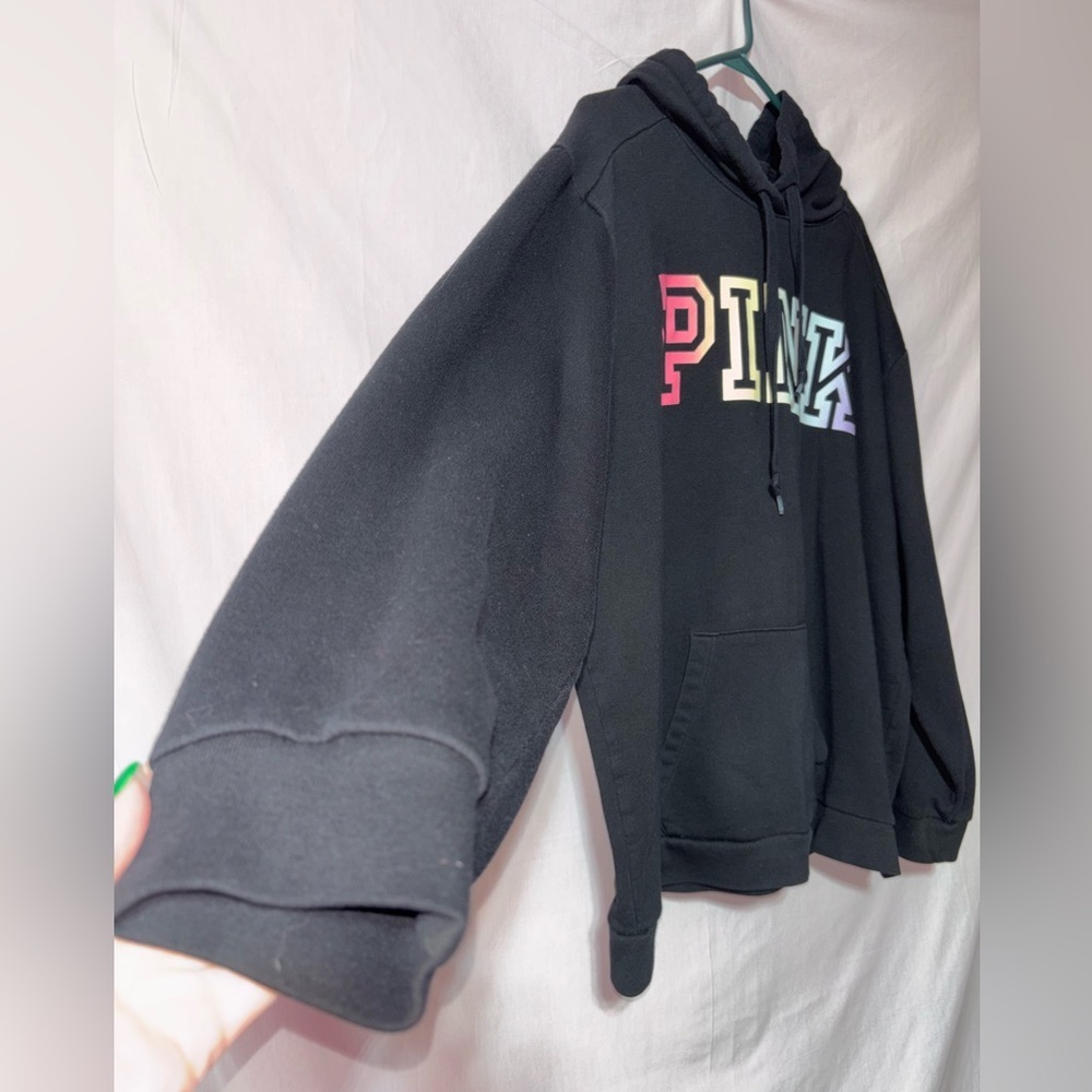Victoria’s Secret PINK Black Hoodie Pullover Oversized Logo Cozy Sweatshirt - Picture 2 of 10